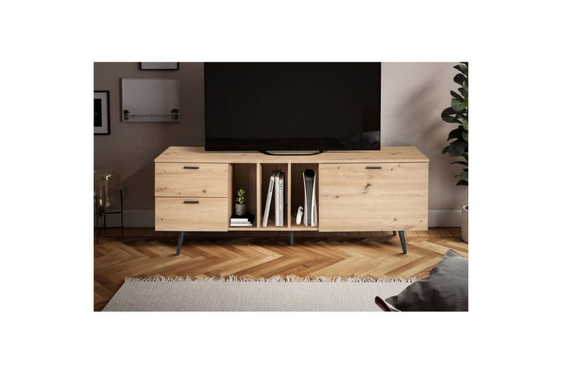 Lowboard Wohnling modernt spånskiva, 2 lådor, 1 dörr, förvaringsbrickor, metallben, modern stil Svart, Ek - Svart, Ek - Products - Möbler - TV- & Mediamöbler - TV bänk & mediabänk