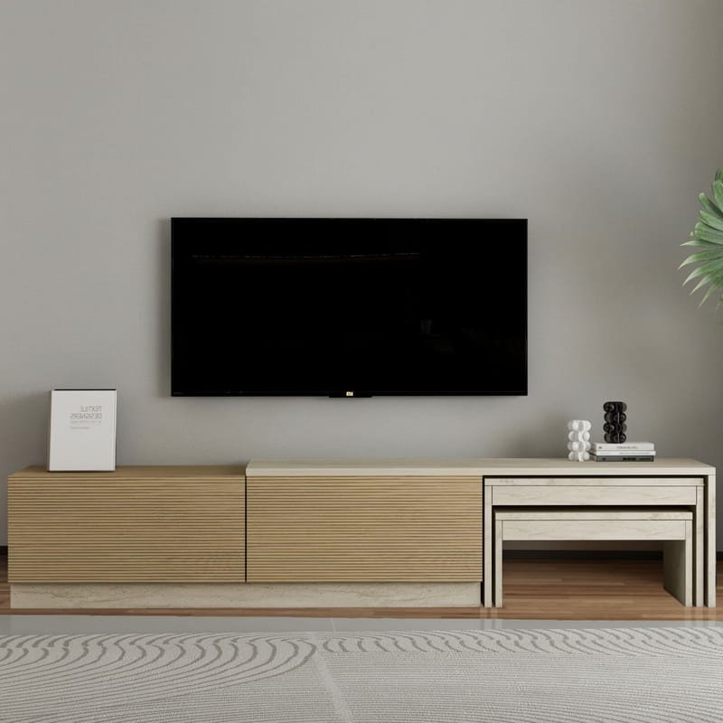 Zalven TV-bänk 180x36x30 cm - travertin och varm ek - Products - Möbler - TV- & Mediamöbler - TV bänk & mediabänk