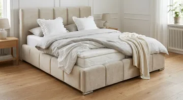 Cleaton Bubblig Sängram 180x200 cm med Förvaring HVILA Resårmadrass och Bäddmadrass i Polysterskum med Tvättbar klädsel - Beige/Vit - Products - Möbler - Säng - Komplett sängpaket