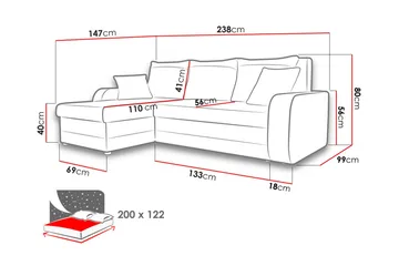 Alvared 3-sits Hörnbäddsoffa Universal - Grå/Röd - Products - Möbler - Soffa - Bäddsoffa - Bäddsoffa divan