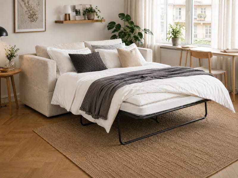 Travstad 3-sits Bäddsoffa med HVILA Bäddmadrass 140x200 cm Polyesterskum med Tvättbar klädsel - Beige - Products - Möbler - Soffa - Bäddsoffa - 3 sits bäddsoffa