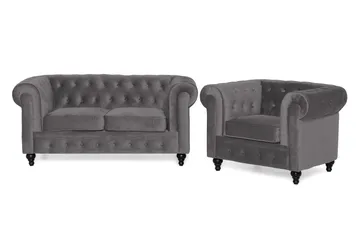 Chesterfield Lyx Soffgrupp 2-sits+Fåtölj Sammet, Mörkgrå