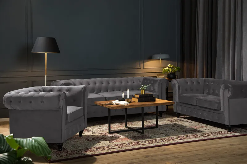 Chesterfield Lyx Soffgrupp 3+2+1 i Sammet - Grå - Products - Möbler - Soffa - Soffgrupp - Chesterfield soffgrupp