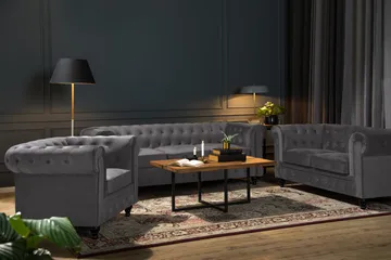 Chesterfield Lyx Soffgrupp 3+2 i Sammet - Mörkgrå / Grå - Products - Möbler - Soffa - Soffgrupp - Chesterfield soffgrupp