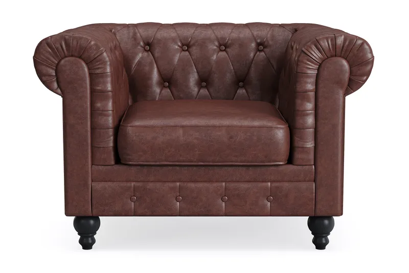 Chesterfield Lyx Stor skön djup fåtölj i konstläder till vardagsrum, Mörkbrun PU