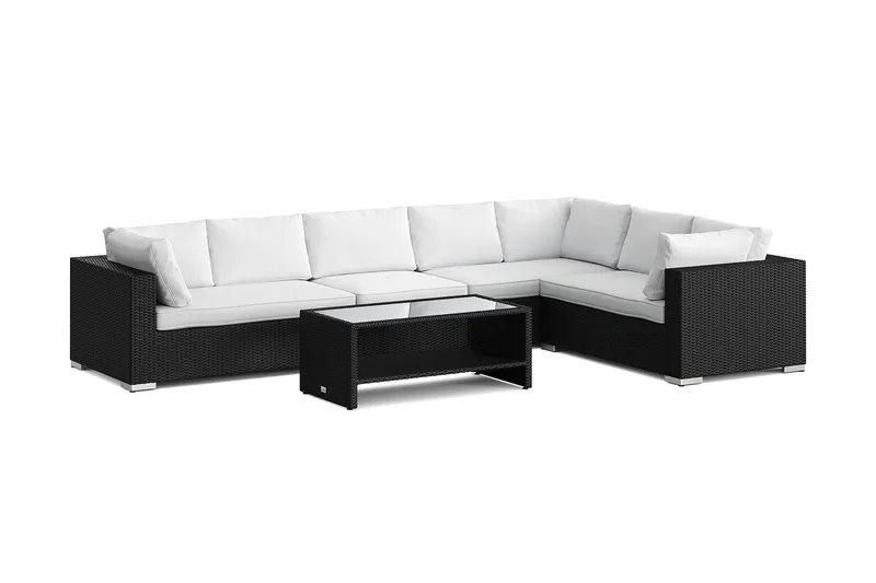 Bahamas L-formad utesoffa vänster, 7-sits med bord och hylla, Svart