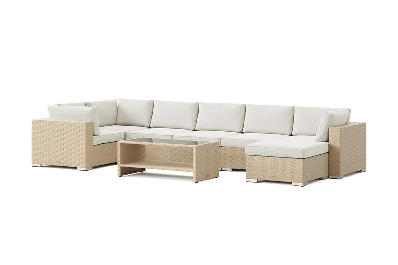 Bahamas U-formad utomhus loungegrupp 7-sits med vändbar divan och bord med hylla, Beige