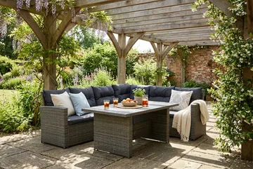 James 5-sits Högervänd Loungegrupp Utomhus – Soffgrupp med grå dynor och bord i konstrotting - Mörkgrå/Svart/Brun - Products - Utemöbler & utemiljö - Loungemöbler - Loungeset & loungegrupp