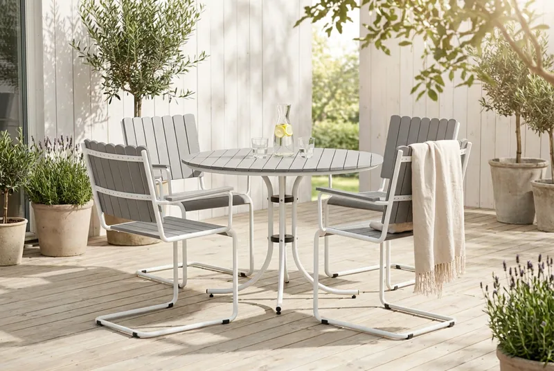 Kullaberg rund matgrupp utomhus med 4 stolar 104 cm stål aintwood - Grå - Products - Utemöbler & utemiljö - Utegrupp - Matgrupp utomhus