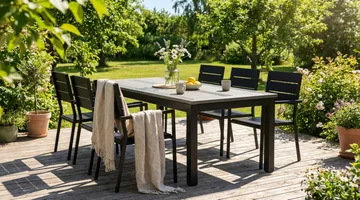 Monaco utomhus matgrupp förlängningsbart 210/310x90 med 6 Tunis stapelstolar - Svart/Grå - Products - Utemöbler & utemiljö - Utegrupp - Matgrupp utomhus
