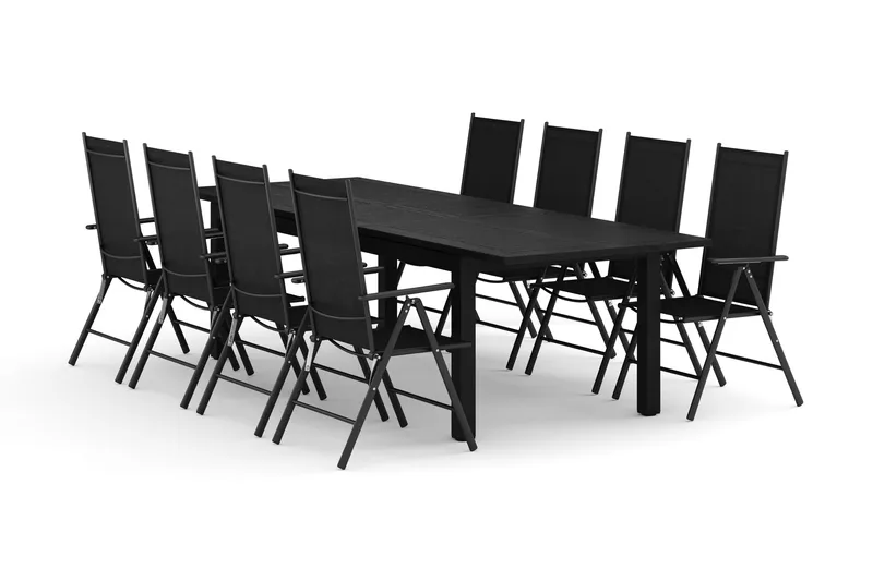 Monaco utomhus matgrupp förlängningsbart 210/310x90 med 8 Maggie positionsstolar, Svart/Grå