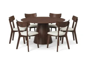 Siena Matgrupp 150 cm runt i Valnöt med 6 Amelia Matstolar med Dyna, Valnöt/Beige