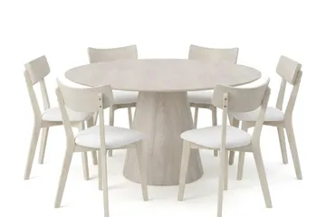Siena Matgrupp 150 cm runt Vitlaserad med 6 Amelia Matstolar med Dyna, Vitlaserad/Beige