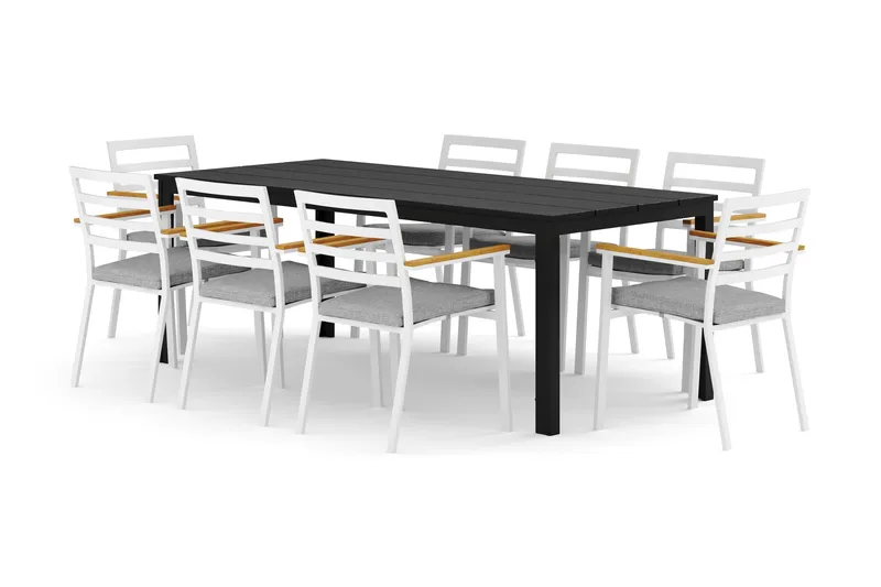 Tunis utomhus matgrupp 205x90 cm med 8 Oliver karmstolar med dyna, Svart/Svart