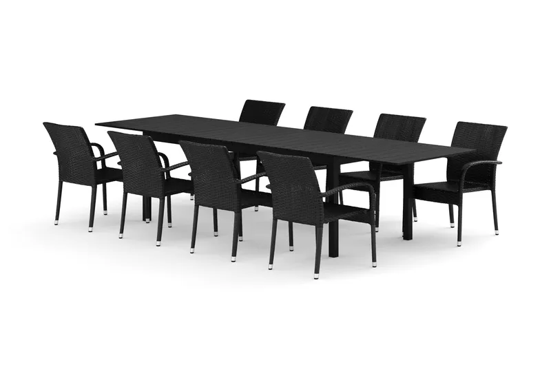Tunis utomhus matgrupp förlängningsbart 205/305x90 cm med 8 Thor Light utefåtöljer, Svart/Svart