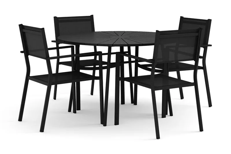 Tunis utomhus rund matgrupp 120 cm med 4 Tunis stapelstolar, Svart/Svart