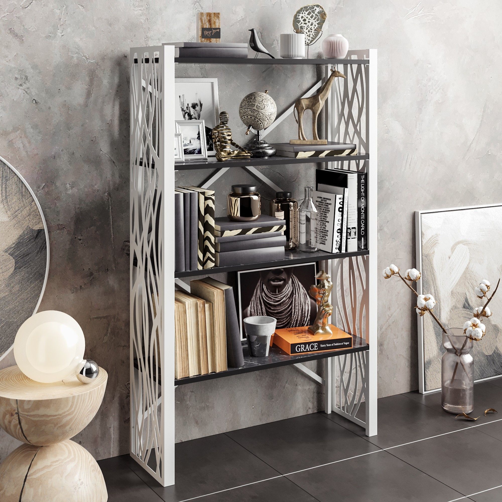 Merkelin kirjahylly - valkoinen/musta