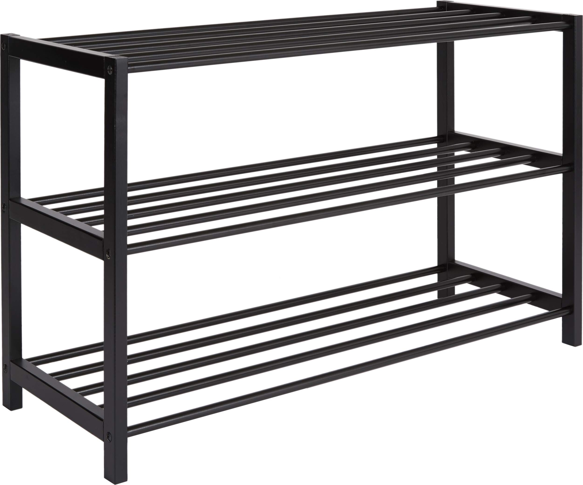 Suuri musta kenkähylly kaksinkertaisilla hyllyillä Suuri musta kenkähylly kaksinkertaisilla hyllyillä