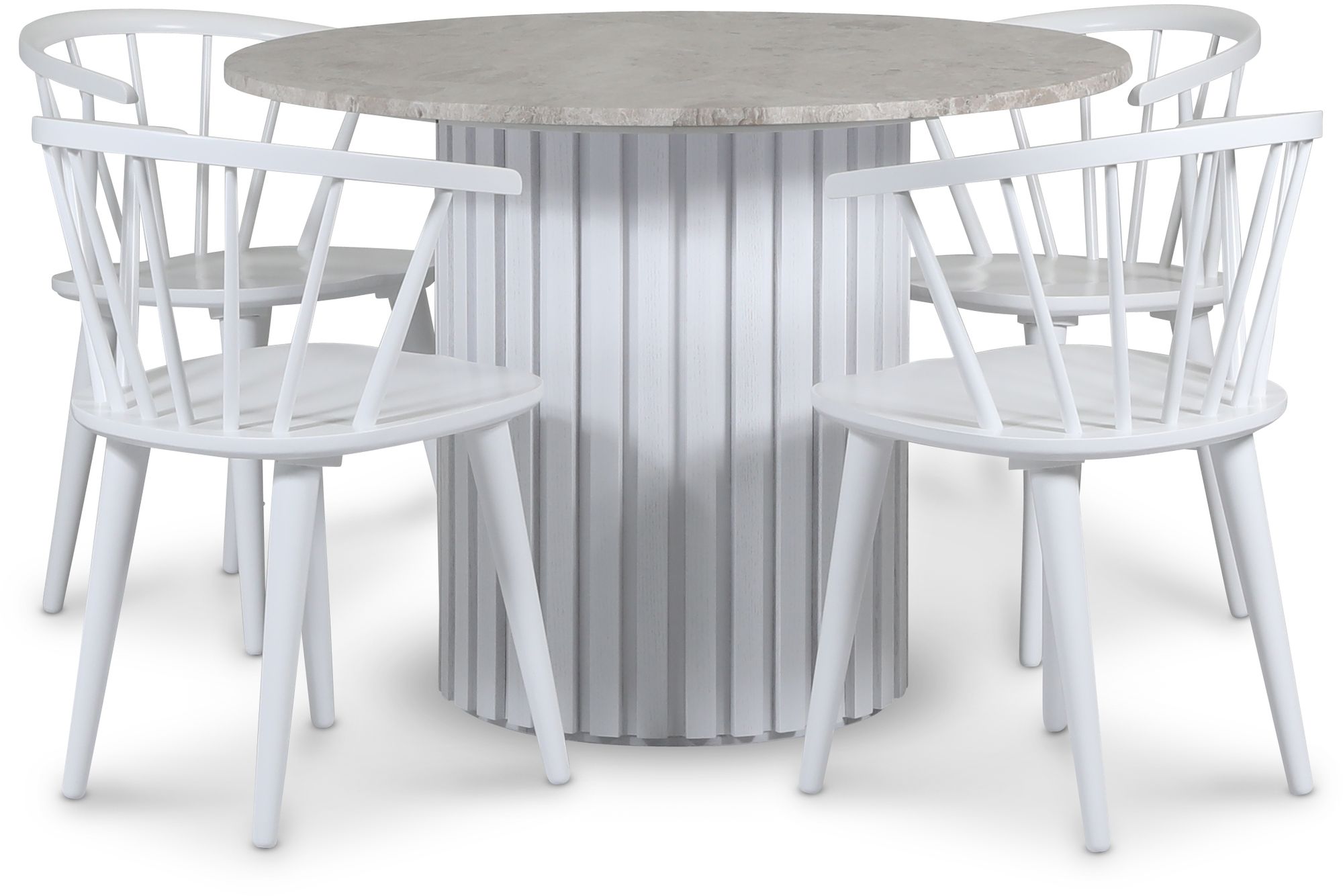 Empire ruokailuryhm� �105 cm sis. 4 Dalsland valkoista tuolia - Silver Diana marmori / Valkoinen s�lepuinen jalusta