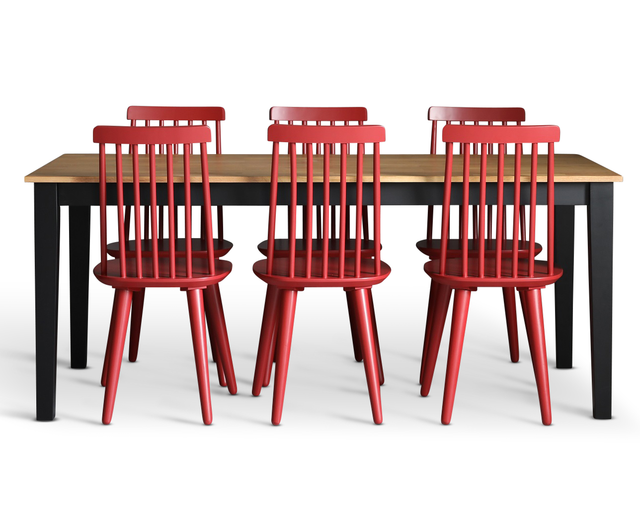 Dalsland-ruokailuryhmä: Ruokapöytä musta/tammi ja 6 punaista tappituolia Dalsland-ruokailuryhmä: Ruokapöytä musta/tammi ja 6 punaista tappituolia