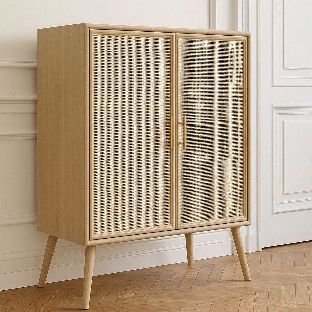 Puusta ja luonnosta / rottingista valmistettu kaappi - React + Huonekalujen puhdistus