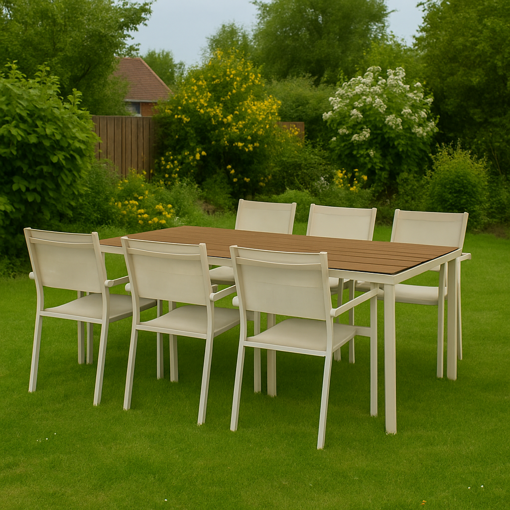 Ruokailuryhm�; 6 tuolia ja ruokap�yt� 205 x 90 cm beige - Copacabana