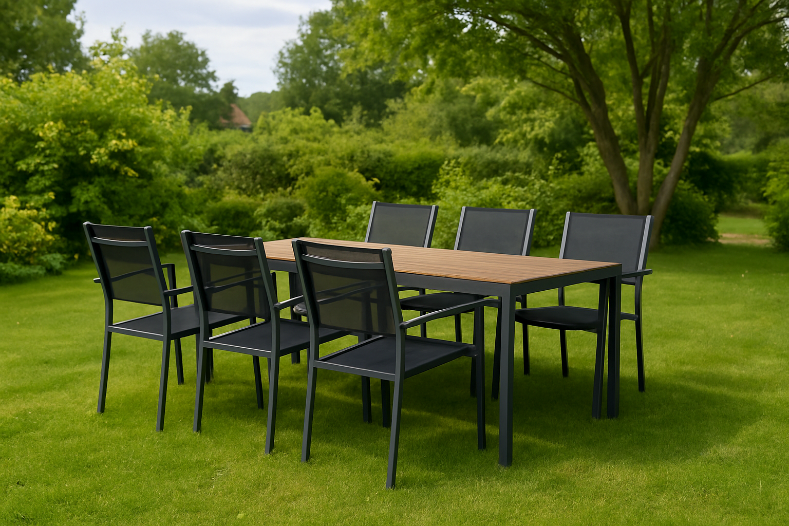 Ruokailuryhm�: 6 tuolia ja ruokap�yt� 205 x 90 cm musta/luonnonv�rinen - Copacabana