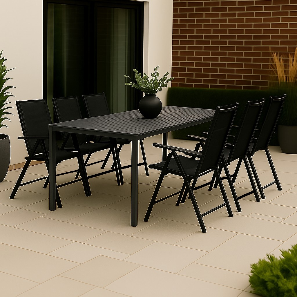 Ruokailuryhm�: 6 tuolia ja ruokap�yt� 205 x 90 cm musta/harmaa - Las Vegas/Asta