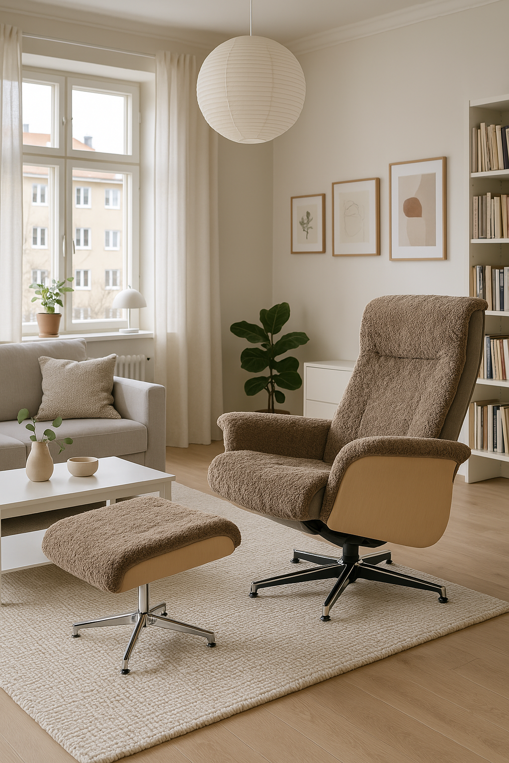 Lampaannahkainen nojatuoli rahilla - Ruskea / tammi - Ulla