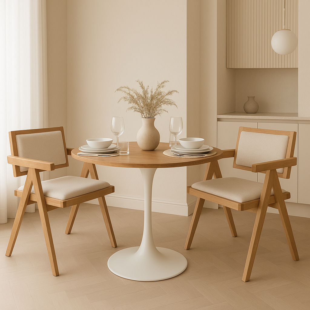 Ruokailuryhm Sumner 80 cm tammi/valkoinen, 2 Sara-nojatuolia tammi- ja pellavavrill