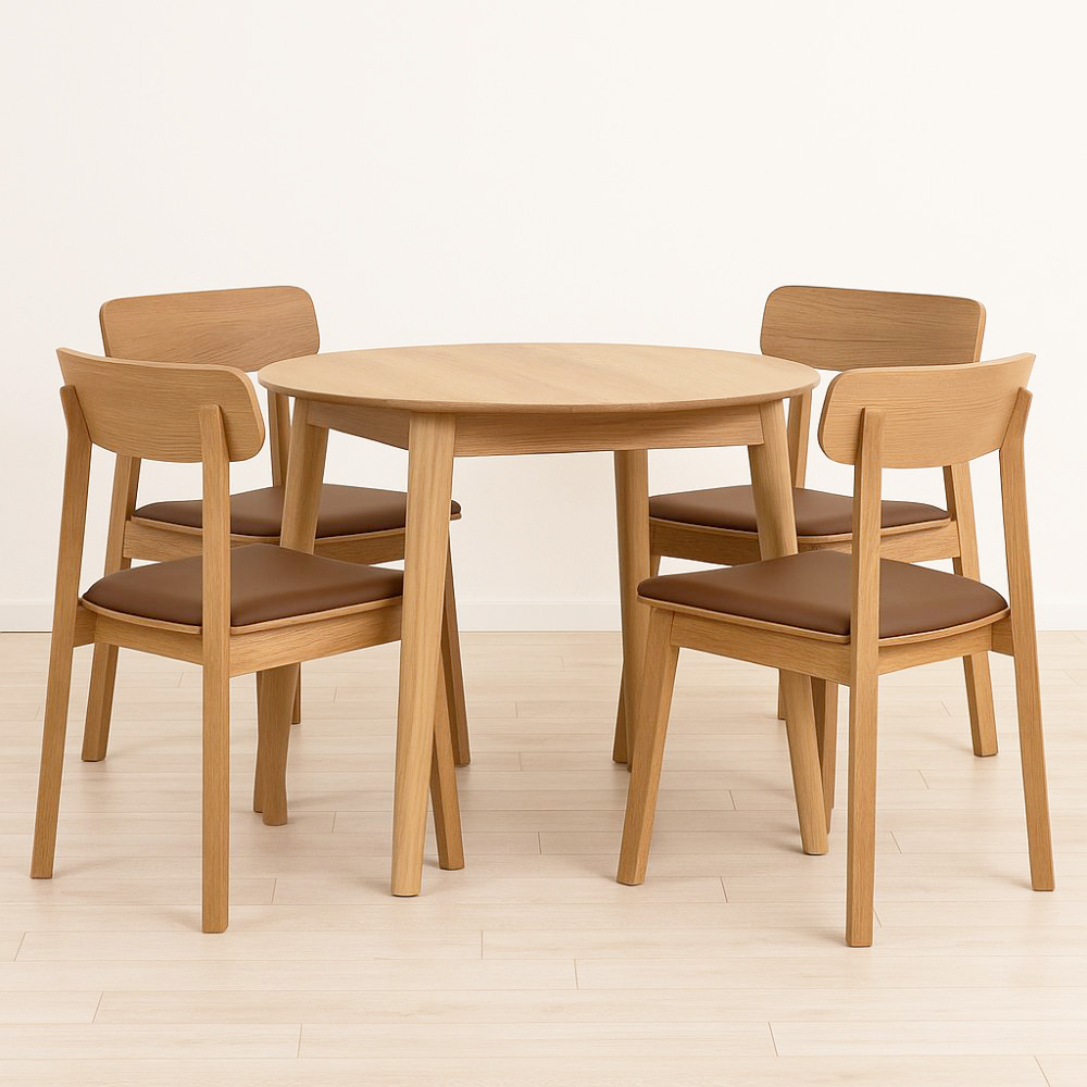 Ruokailuryhm Genova 90-130x90 cm ljytty tammea, 4 Kleppen-tuolia tammea ja ruskeaa polyuretaania