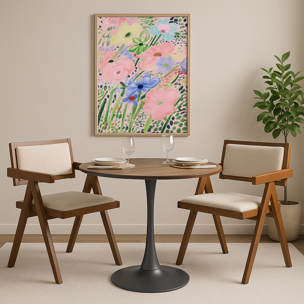 Olmo-ruokapöytä Ø 90 cm pähkinäpuusta/mustasta väristä ja 2 Sara-nojatuolia pähkinäpuusta ja pellavasta Olmo-ruokapöytä Ø 90 cm pähkinäpuusta/mustasta väristä ja 2 Sara-nojatuolia pähkinäpuusta ja pellavasta