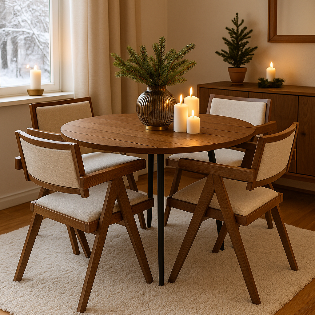 Dana-ruokapöytä Ø105 cm pähkinäpuuta ja 4 Sara-nojatuolia pähkinäpuuta ja pellavaa Dana-ruokapöytä Ø105 cm pähkinäpuuta ja 4 Sara-nojatuolia pähkinäpuuta ja pellavaa