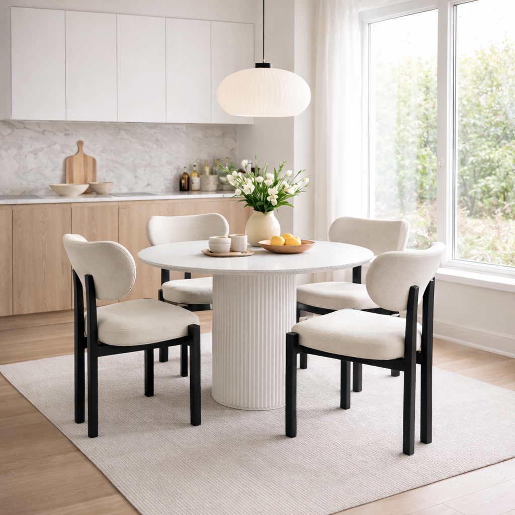 Ruokailuryhm� Sand� ruokap�yt� �120cm valkoinen terrazzo ja 4 Callum ruokatuolia beigell� kankaalla