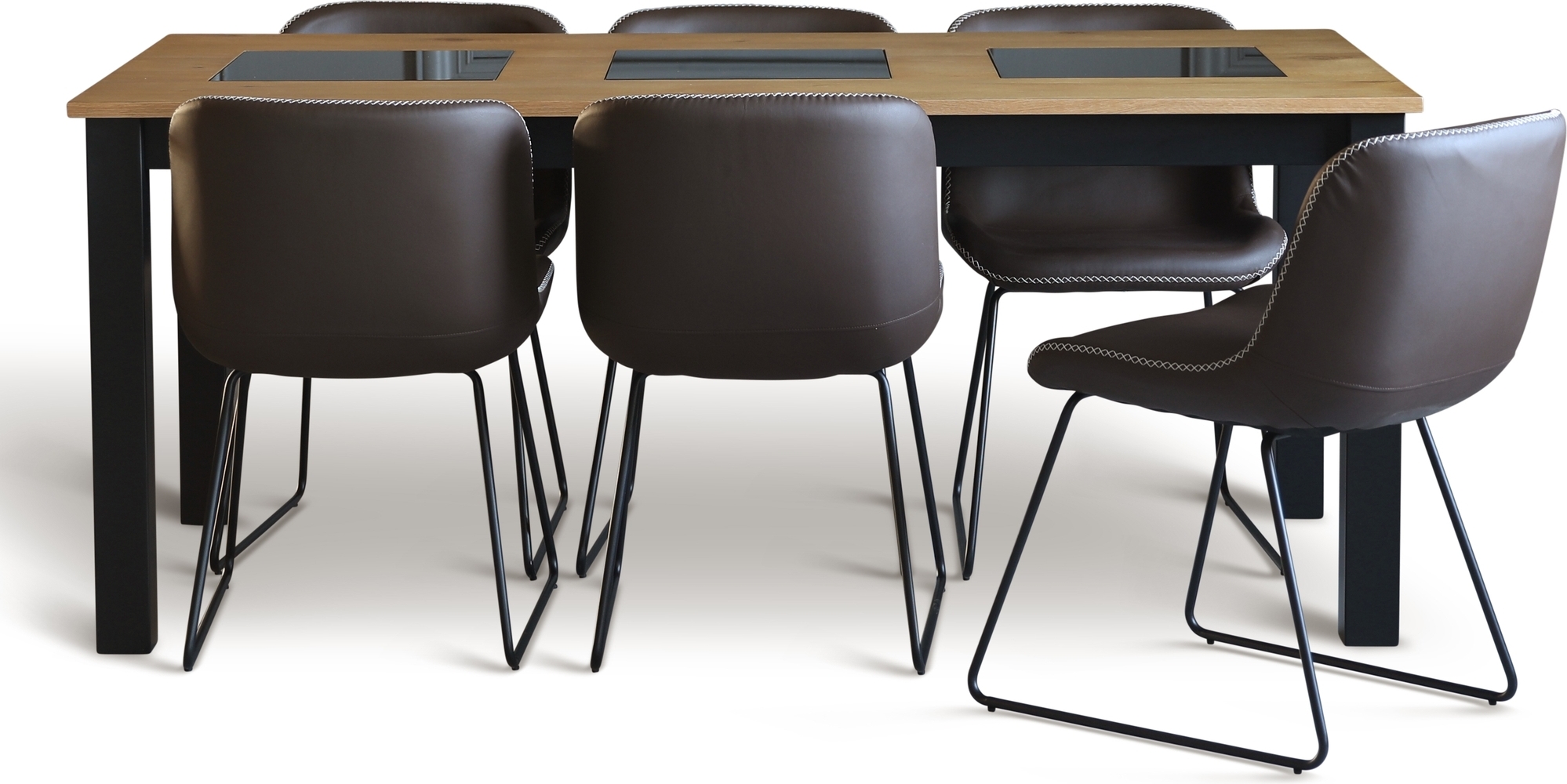 Graniitti ruokailuryhm�; P�yt� 180x90 cm tammi/musta, 6 Texas ruokap�yd�n tuolia ruskea PU