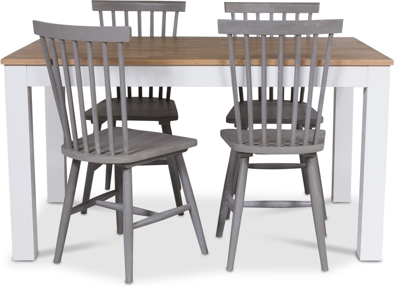 Dalar� ruokailuryhm� 140 cm p�yt� valkoinen/tammi + 4 harmaata uloketuolia