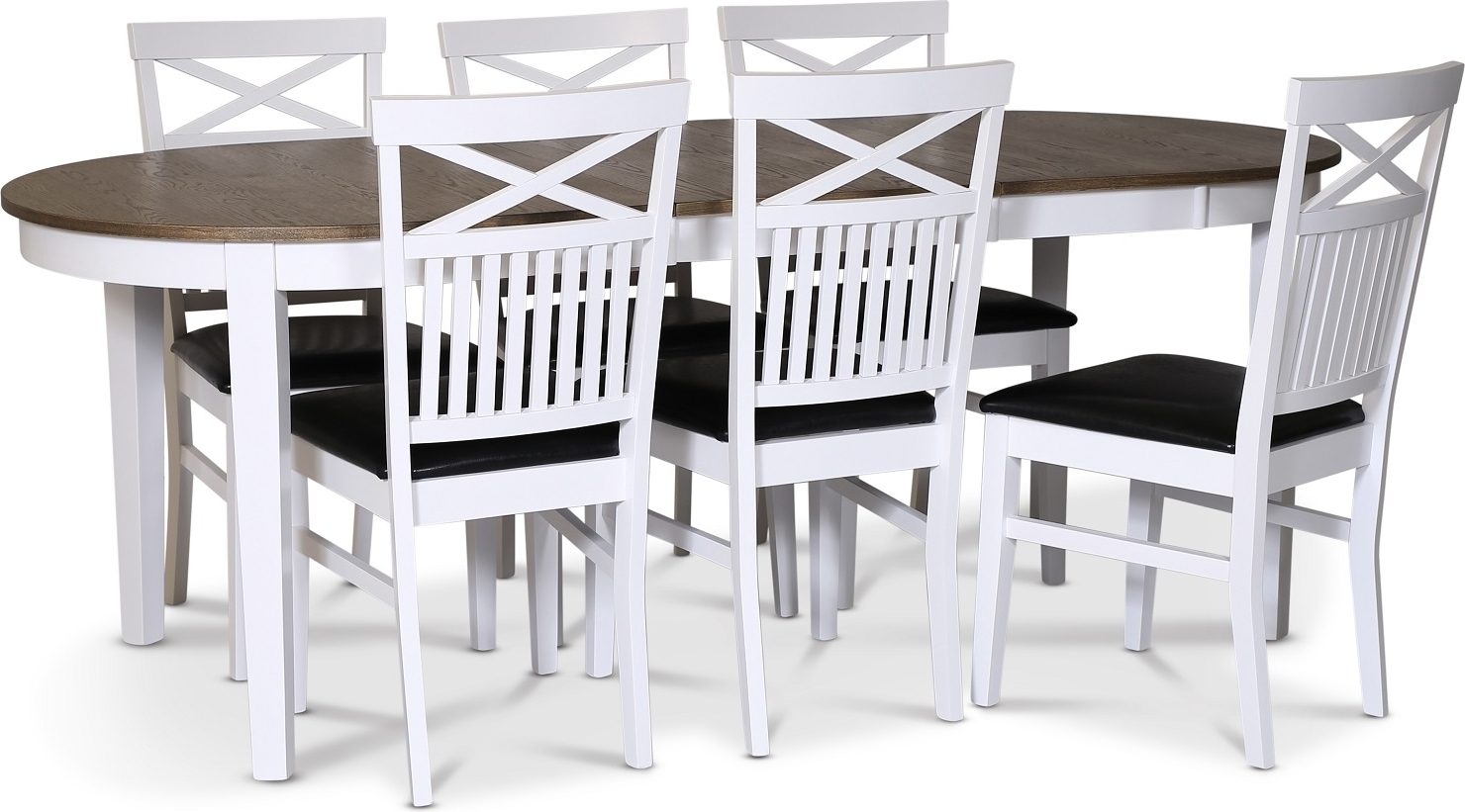 Skagen elintarvikeryhm�; ruokap�yt� 160/210x90 cm - Valkoinen/ruskea �ljytty tammi, jossa 6 F�r�-tuolia ristill� selk�nojalla ja