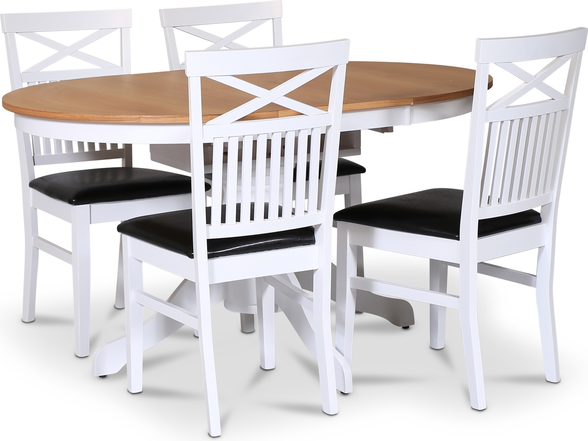 Fitchburg Food Group; pyöreä ruokapöytä 106 /141 cm - Valkoinen / öljytty tammi, 4 Fårö-tuolia ristillä selkänojalla, istuin mus Fitchburg Food Group; pyöreä ruokapöytä 106 /141 cm - Valkoinen / öljytty tammi, 4 Fårö-tuolia ristillä selkänojalla, istuin mus