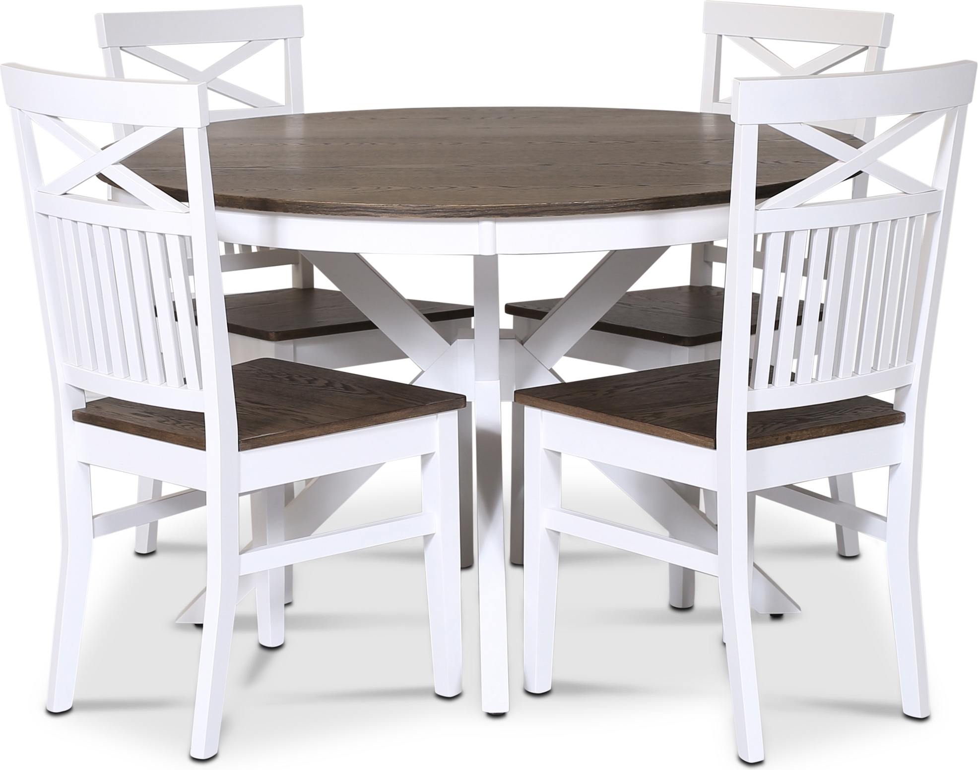 Skagen elintarvikeryhm�; py�re� ruokap�yt� �120 cm - Valkoinen/ruskea �ljytty tammi ja 4 Skagen-tuolia (Risti takana) ruskealla + 3.00 x Huonekalujen jalat