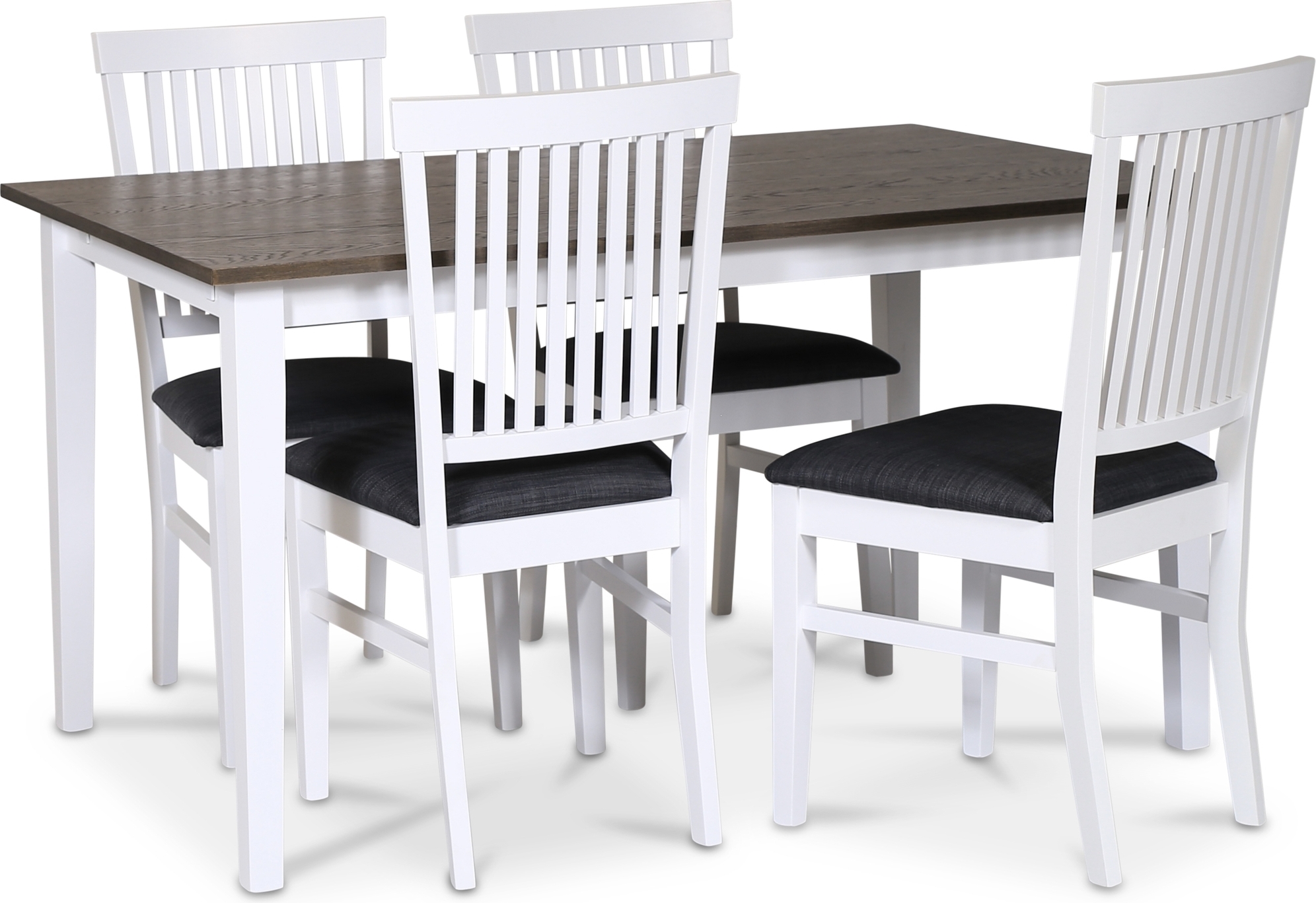 Skagen elintarvikeryhmä; klassinen ruokapöytä 140x90 cm - Valkoinen/ruskea öljytty tammi ja 4 Fårö-tuolia (selkänojat) harmaalla + 3.00 x Huonekalujen jalat Skagen elintarvikeryhmä; klassinen ruokapöytä 140x90 cm - Valkoinen/ruskea öljytty tammi ja 4 Fårö-tuolia (selkänojat) harmaalla + 3.00 x Huonekalujen jalat