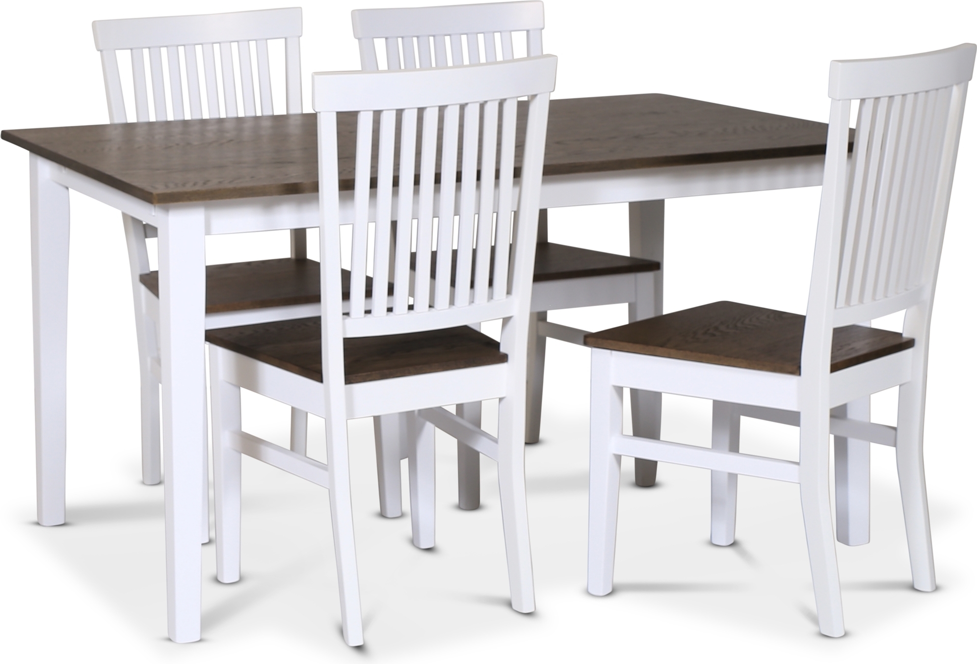 Skagen elintarvikeryhmä; klassinen ruokapöytä 140x90 cm - Valkoinen/ruskea öljytty tammi, jossa 4 Skagen-tuolia (selkänojat) rus + 3.00 x Huonekalujen jalat Skagen elintarvikeryhmä; klassinen ruokapöytä 140x90 cm - Valkoinen/ruskea öljytty tammi, jossa 4 Skagen-tuolia (selkänojat) rus + 3.00 x Huonekalujen jalat