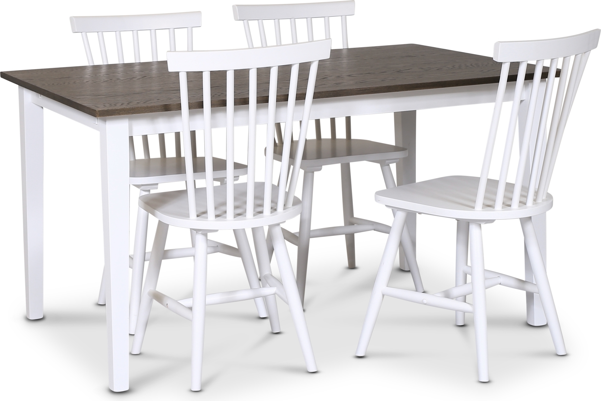 Skagen elintarvikeryhm�; klassinen ruokap�yt� 140x90 cm - Valkoinen/ruskea �ljytty tammi ja 4 valkoista Karl cane -tuolia