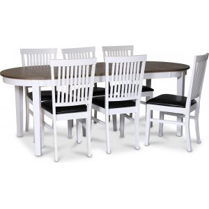 Skagen elintarvikeryhmä; ruokapöytä 160/210x90 cm - Valkoinen/ruskea öljytty tammi ja 6 Fårö-tuolia mustalla PU-istuimella Skagen elintarvikeryhmä; ruokapöytä 160/210x90 cm - Valkoinen/ruskea öljytty tammi ja 6 Fårö-tuolia mustalla PU-istuimella