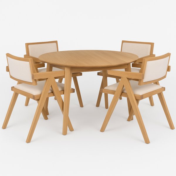 Ruokailuryhm Genova 110-160 cm ljytty tammea, ja 4 Sara-nojatuolia tammea ja pellavaa