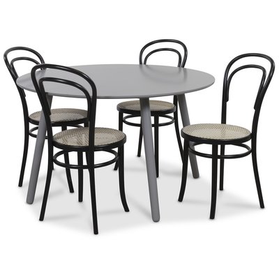 Rosvik-ruokailuryhmä, pyöreä harmaa pöytä + 4 kpl Thonet-tuolia - Harmaa / Musta