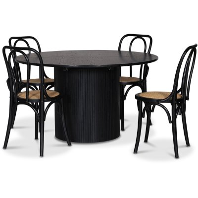 Nova ruokailuryhm, jatkettava ruokapyt 130-170 cm sis. 4 sarjaa taivutettuja tuoleja - Mustaksi petsattua tammea