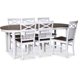 Skagen elintarvikeryhmä; ruokapöytä 160/210x90 cm - Valkoinen/ruskea öljytty tammi, jossa 6 Skagen-tuolia ristillä selkänojalla Skagen elintarvikeryhmä; ruokapöytä 160/210x90 cm - Valkoinen/ruskea öljytty tammi, jossa 6 Skagen-tuolia ristillä selkänojalla