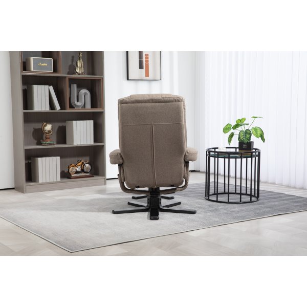 Oslon lepotuoli jakkaralla tummaa beigeä kangasta Oslon lepotuoli jakkaralla tummaa beigeä kangasta