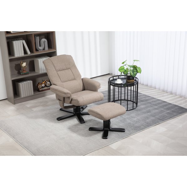 Oslon lepotuoli jakkaralla tummaa beigeä kangasta Oslon lepotuoli jakkaralla tummaa beigeä kangasta