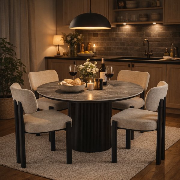 Ruokailuryhm� Salvador ruokap�yt� �120cm harmaa kivi, 4 Callum ruokatuolia beigell� kankaalla